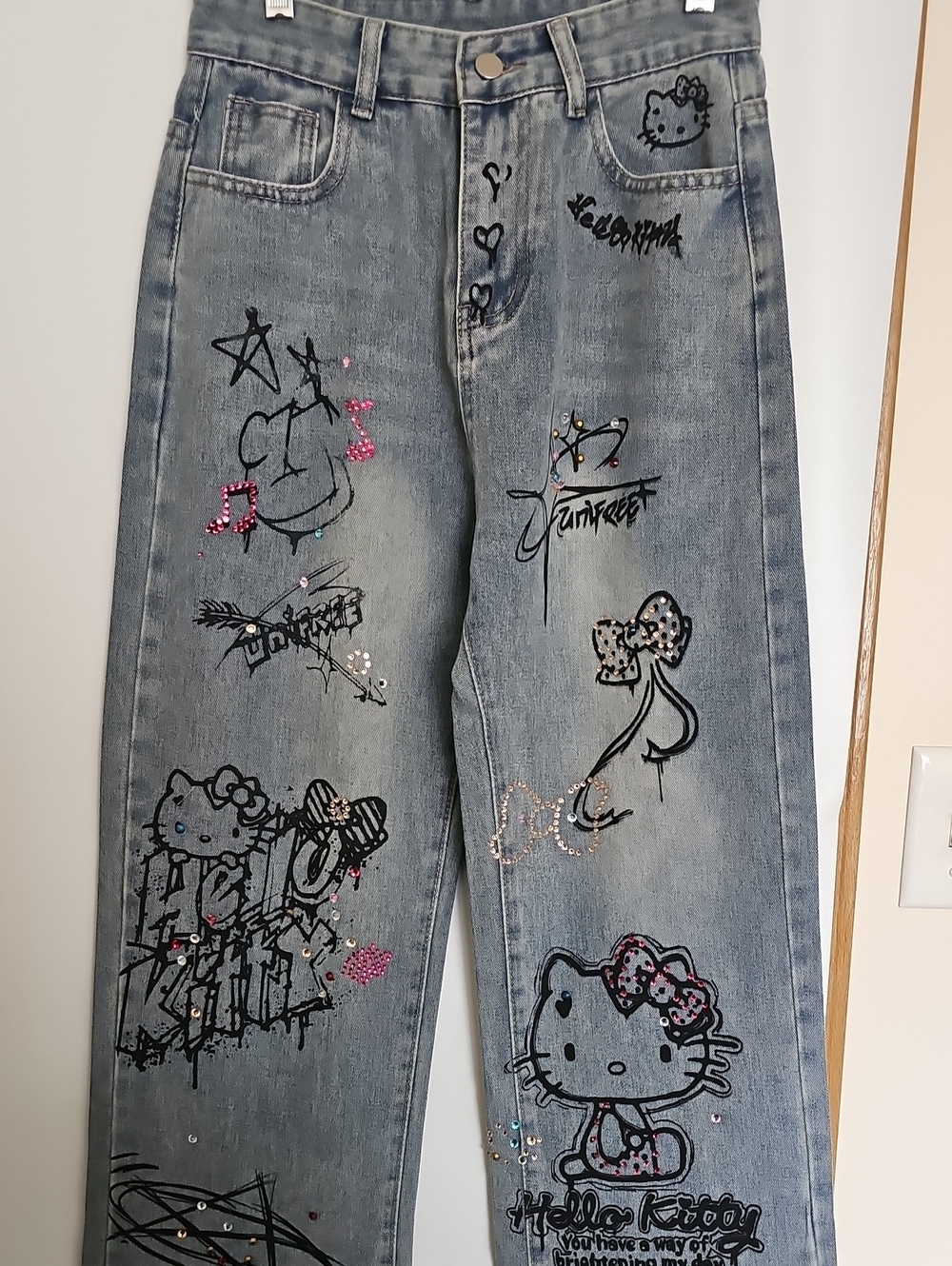 Hello Kitty Light Blue Denim Straight-Leg Jeans with Rhinestone Accents